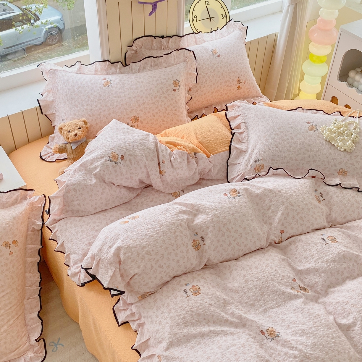 91家纺网 家纺一手货源 找家纺 爱橙家纺（原艾橙家纺） 2026春夏新款韩式花边110g超柔泡芙纱四件套 吉象