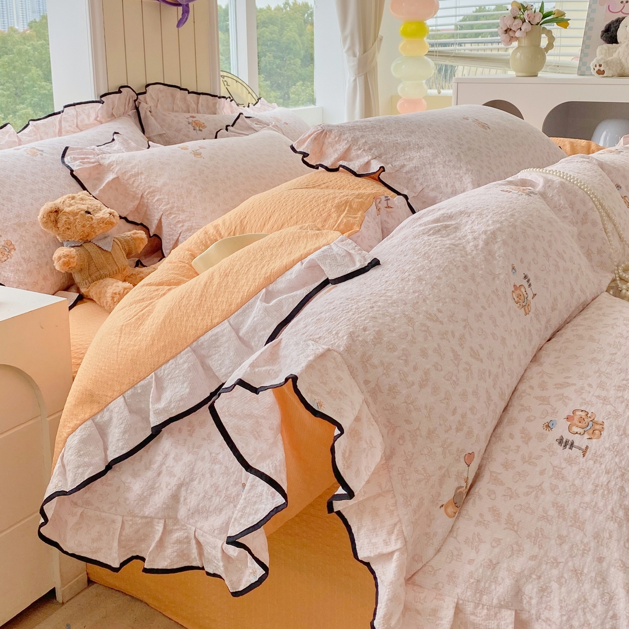 91家纺网 家纺一手货源 找家纺 爱橙家纺（原艾橙家纺） 2026春夏新款韩式花边110g超柔泡芙纱四件套 吉象