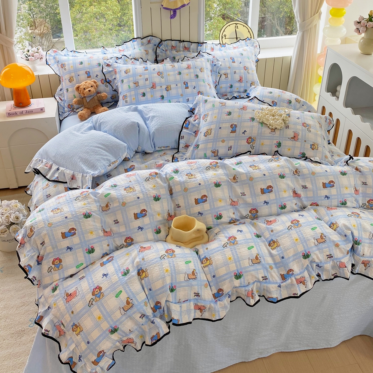 91家纺网 家纺一手货源 找家纺 爱橙家纺（原艾橙家纺） 2026春夏新款韩式花边110g超柔泡芙纱四件套 汪旺记