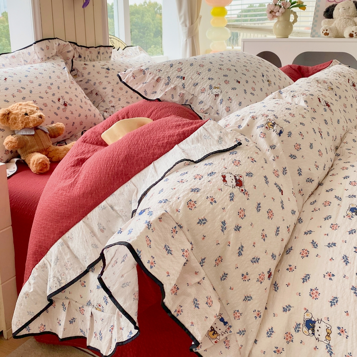 爱橙家纺（原艾橙家纺） 2026春夏新款韩式花边110g超柔泡芙纱四件套 花町软猫