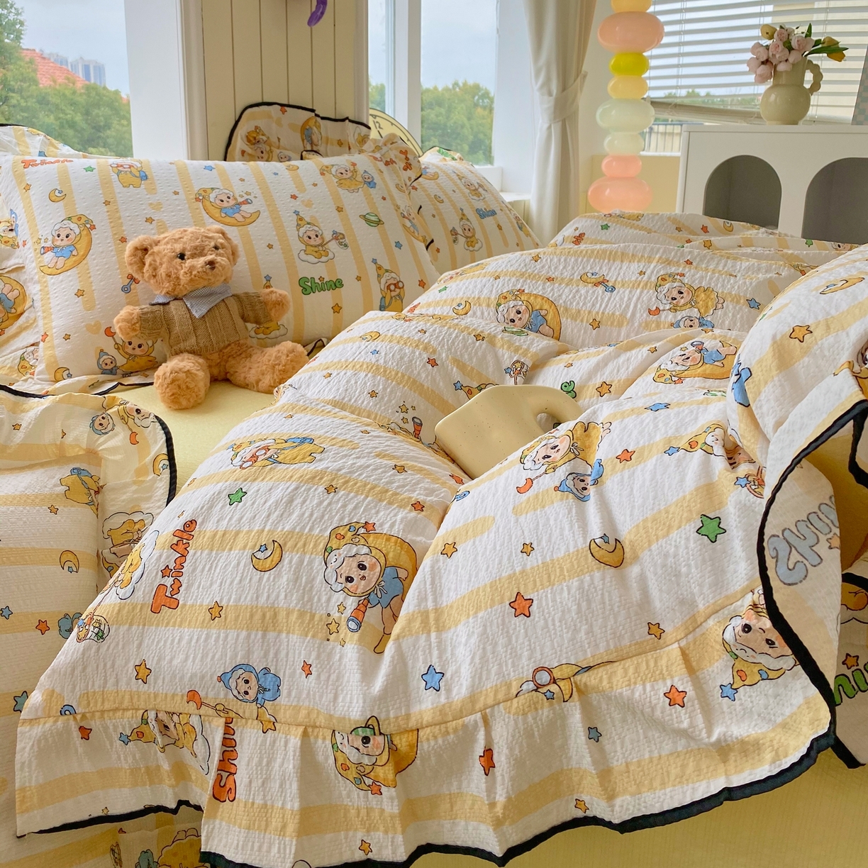 91家纺网 家纺一手货源 找家纺 爱橙家纺（原艾橙家纺） 2026春夏新款韩式花边110g超柔泡芙纱四件套 星星崽