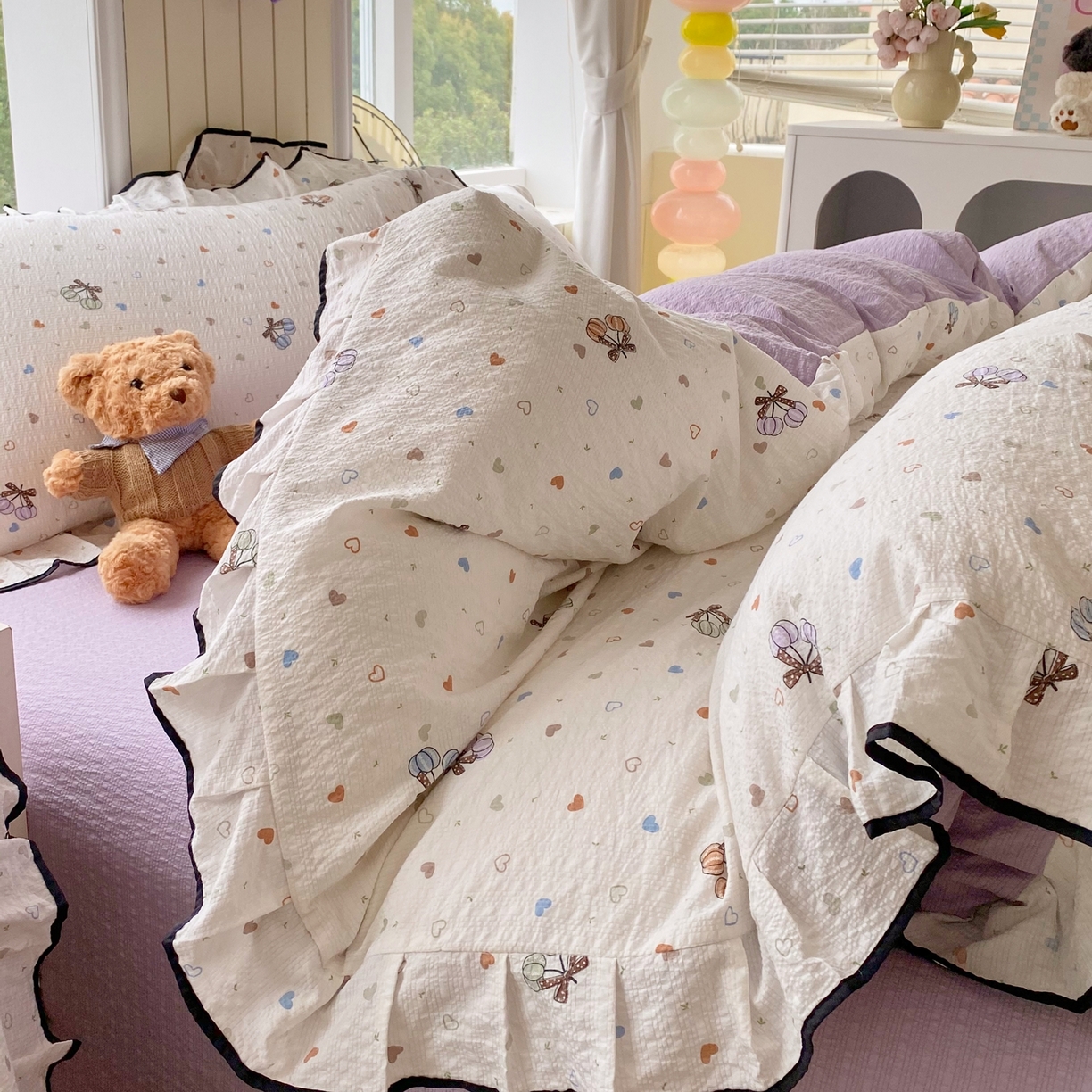 91家纺网 家纺一手货源 找家纺 爱橙家纺（原艾橙家纺） 2026春夏新款韩式花边110g超柔泡芙纱四件套 蝶糖