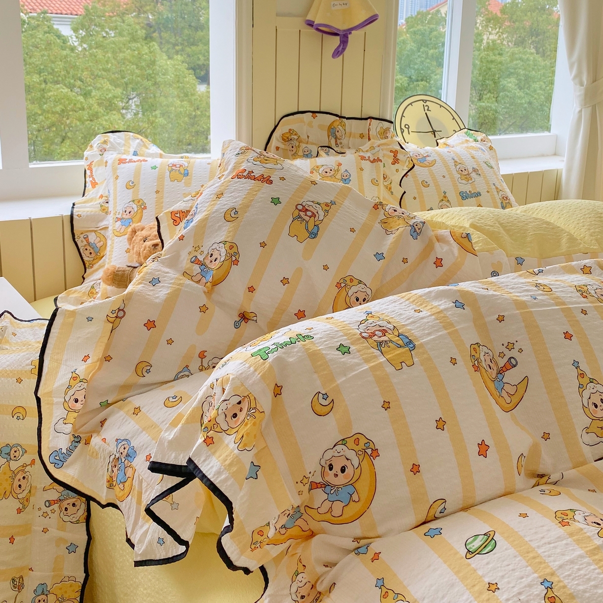 91家纺网 家纺一手货源 找家纺 爱橙家纺（原艾橙家纺） 2026春夏新款韩式花边110g超柔泡芙纱四件套 星星崽