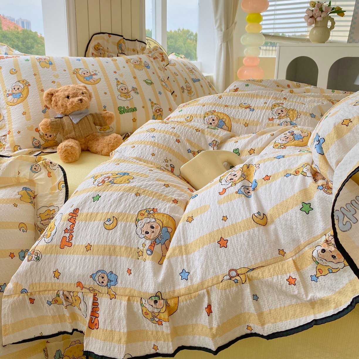 91家纺网 家纺一手货源 找家纺 爱橙家纺（原艾橙家纺） 2026春夏新款韩式花边110g超柔泡芙纱四件套 星星崽