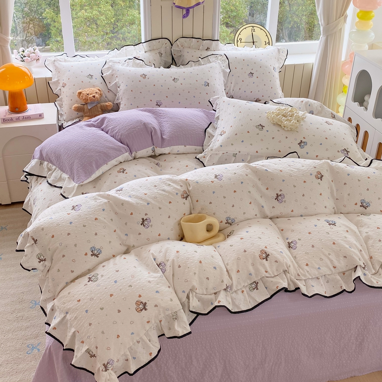 91家纺网 家纺一手货源 找家纺 爱橙家纺（原艾橙家纺） 2026春夏新款韩式花边110g超柔泡芙纱四件套 蝶糖