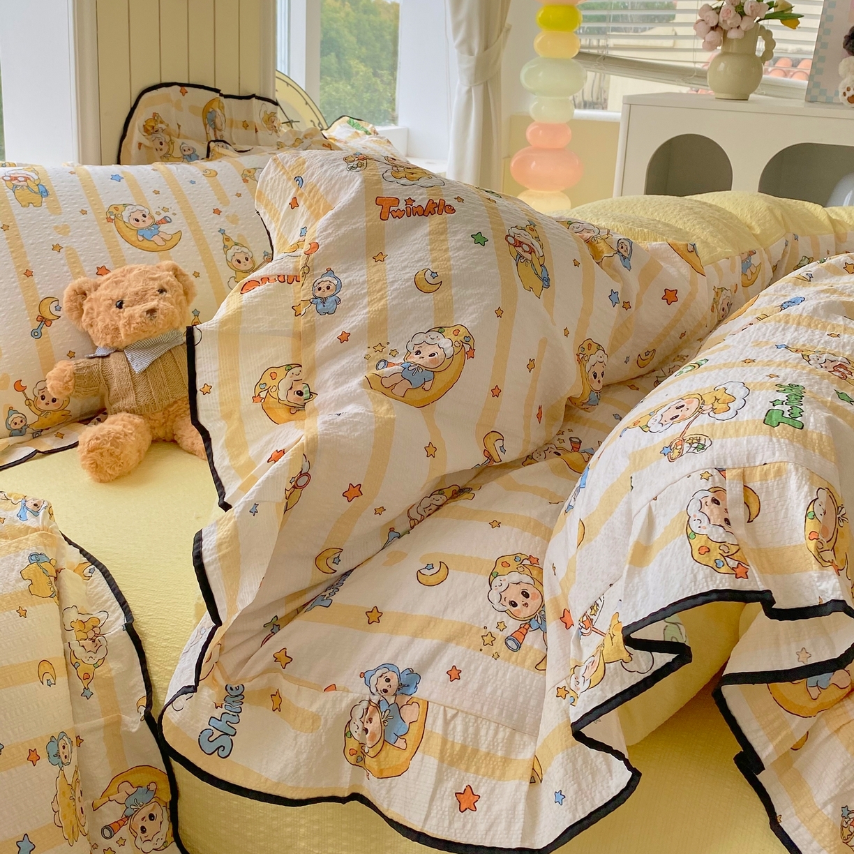 91家纺网 家纺一手货源 找家纺 爱橙家纺（原艾橙家纺） 2026春夏新款韩式花边110g超柔泡芙纱四件套 星星崽