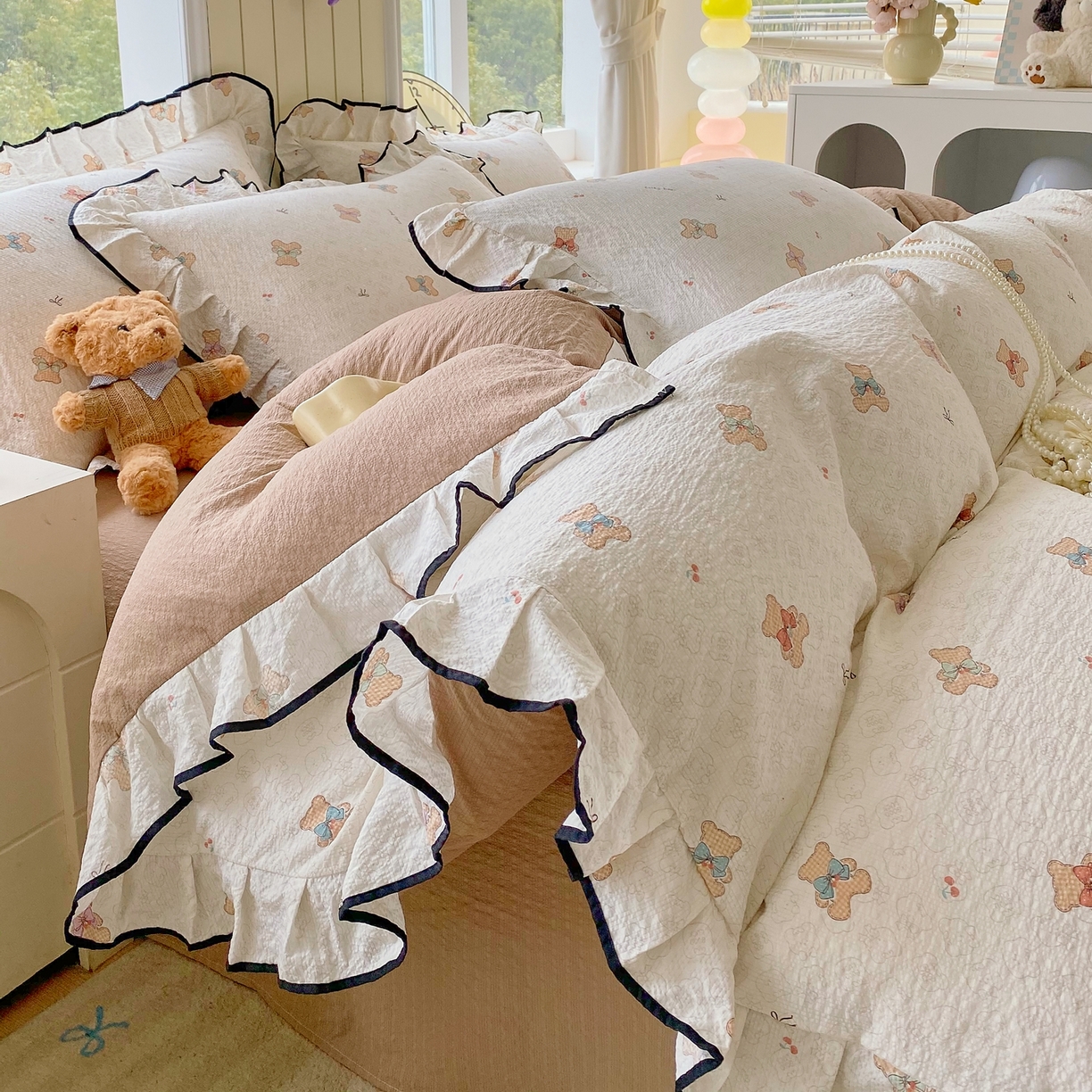 爱橙家纺（原艾橙家纺） 2026春夏新款韩式花边110g超柔泡芙纱四件套 云朵熊