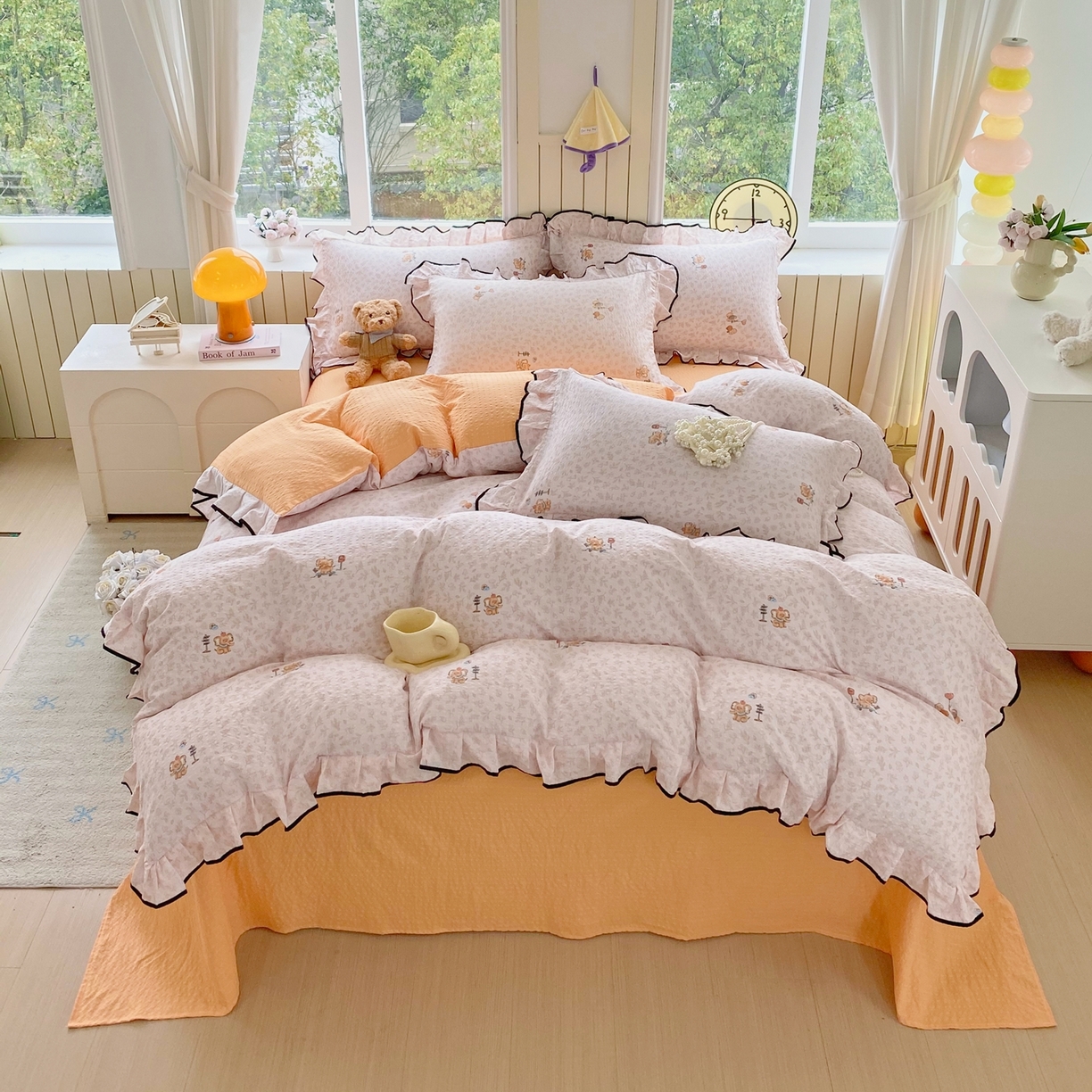 91家纺网 家纺一手货源 找家纺 爱橙家纺（原艾橙家纺） 2026春夏新款韩式花边110g超柔泡芙纱四件套 吉象