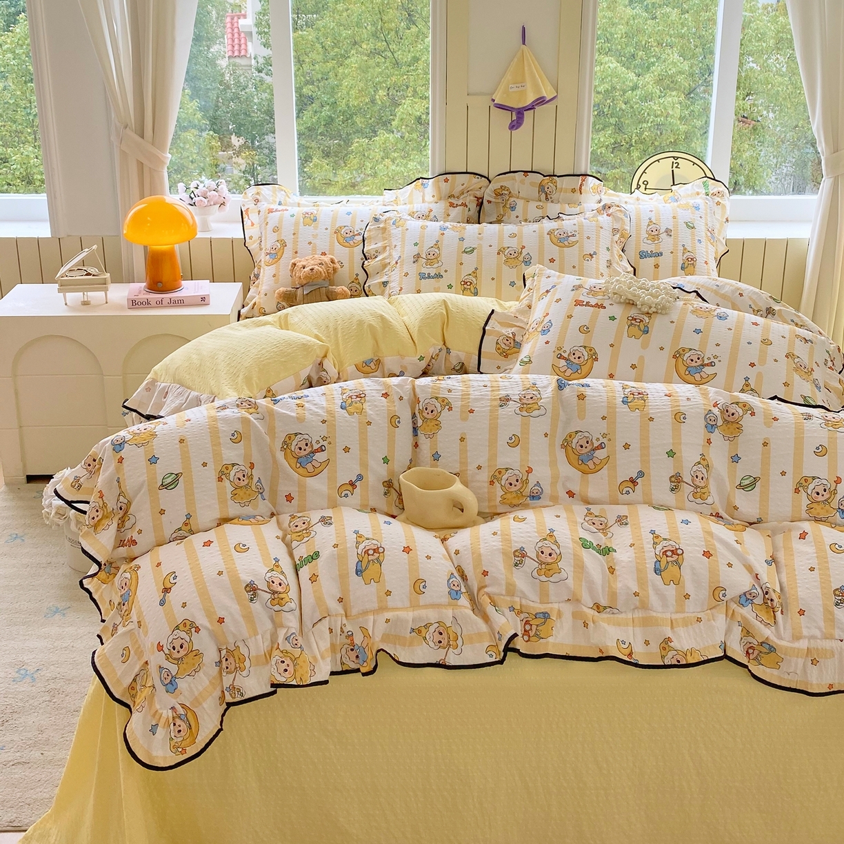 91家纺网 家纺一手货源 找家纺 爱橙家纺（原艾橙家纺） 2026春夏新款韩式花边110g超柔泡芙纱四件套 星星崽