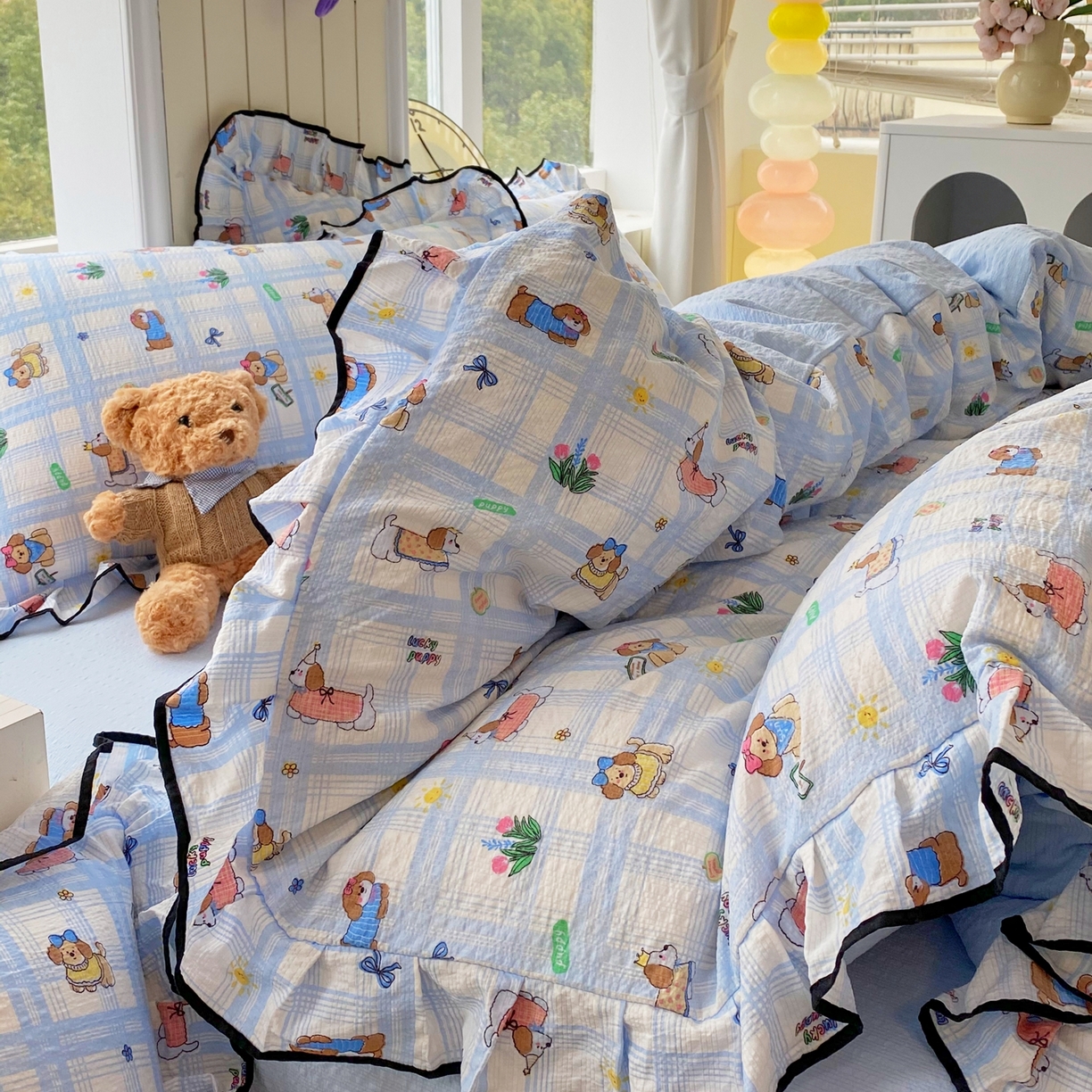 91家纺网 家纺一手货源 找家纺 爱橙家纺（原艾橙家纺） 2026春夏新款韩式花边110g超柔泡芙纱四件套 汪旺记