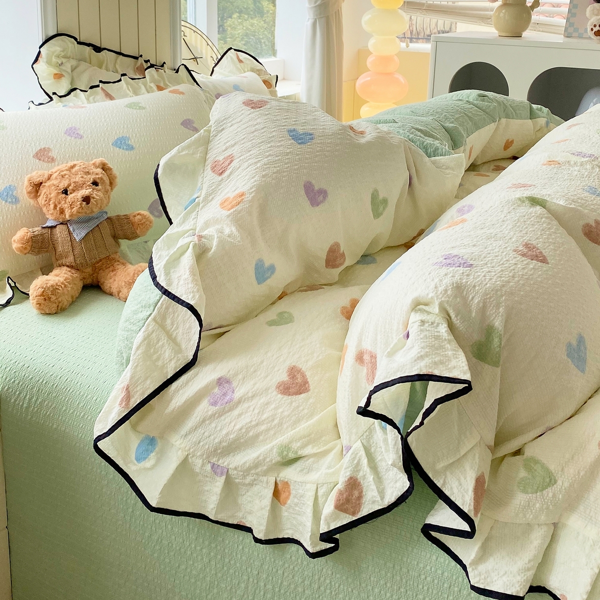 91家纺网 家纺一手货源 找家纺 （总）爱橙家纺（原艾橙家纺） 2026春夏新款韩式花边110g超柔泡芙纱四件套