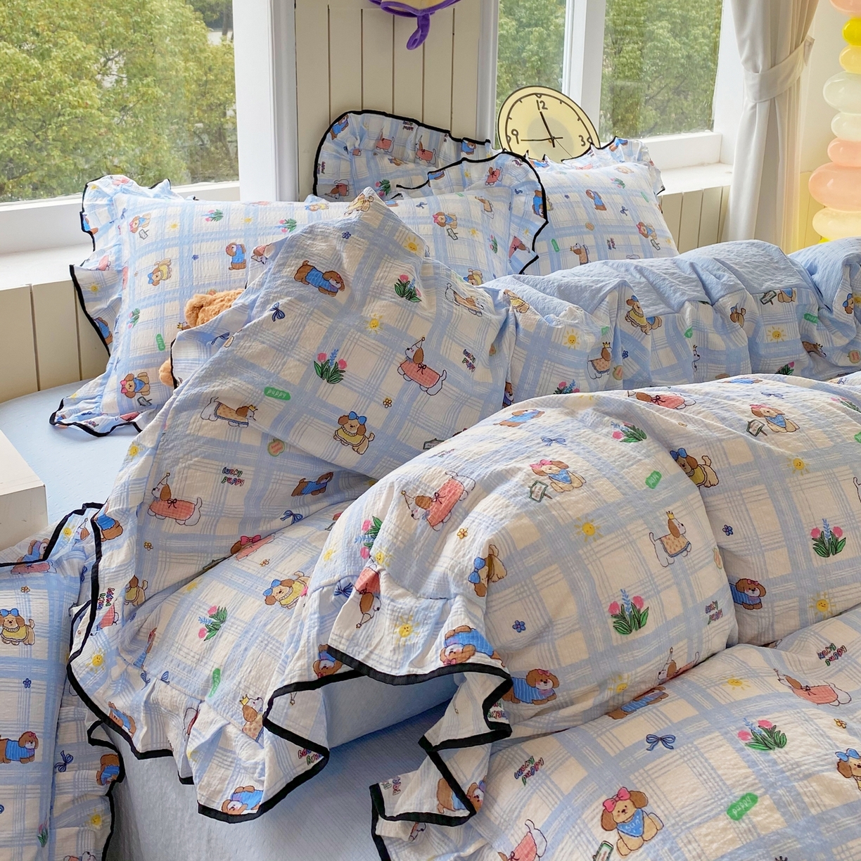 91家纺网 家纺一手货源 找家纺 爱橙家纺（原艾橙家纺） 2026春夏新款韩式花边110g超柔泡芙纱四件套 汪旺记