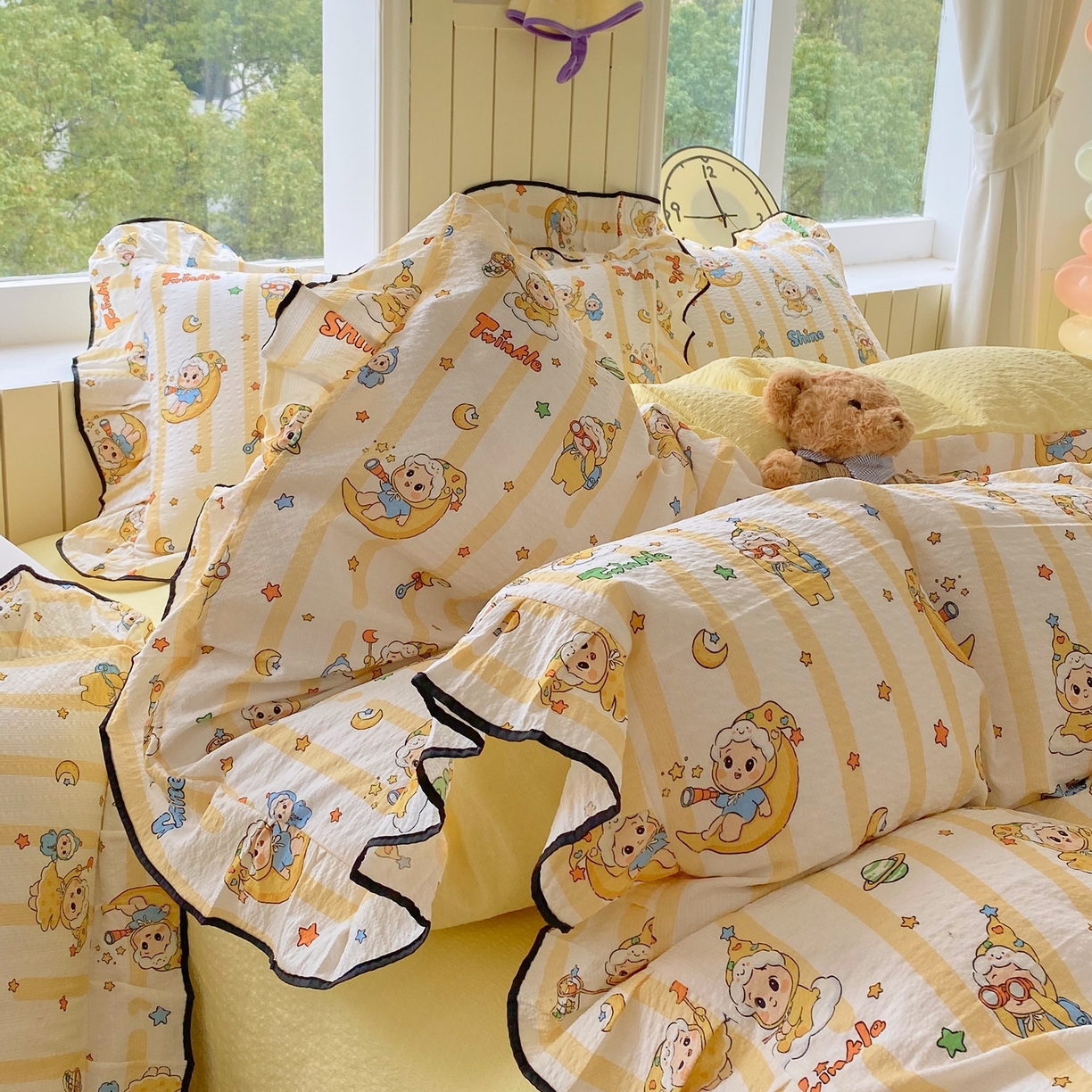 91家纺网 家纺一手货源 找家纺 爱橙家纺（原艾橙家纺） 2026春夏新款韩式花边110g超柔泡芙纱四件套 星星崽