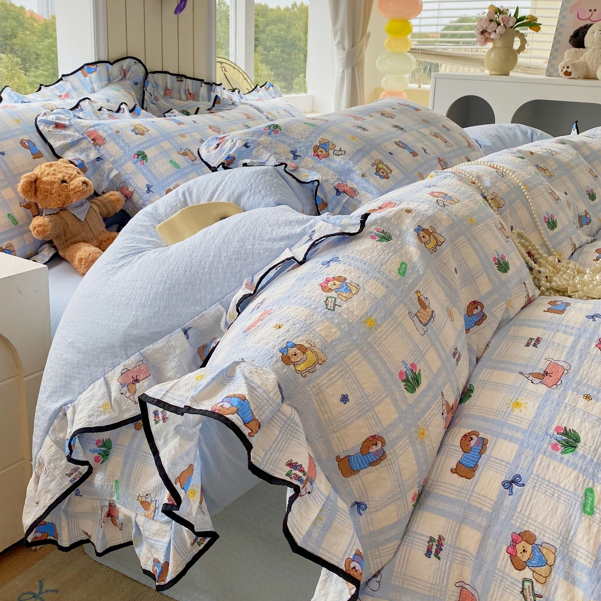 91家纺网 家纺一手货源 找家纺 爱橙家纺（原艾橙家纺） 2026春夏新款韩式花边110g超柔泡芙纱四件套 汪旺记