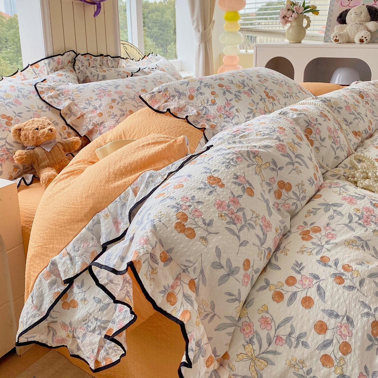 爱橙家纺（原艾橙家纺） 2026春夏新款韩式花边110g超柔泡芙纱四件套 石榴花开