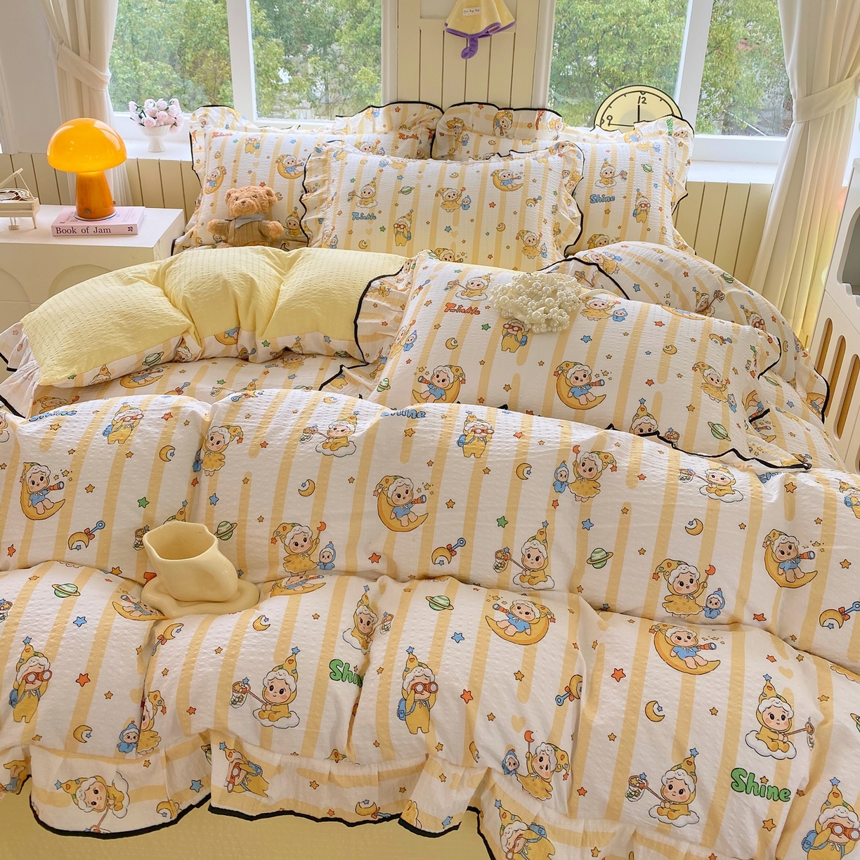 91家纺网 家纺一手货源 找家纺 爱橙家纺（原艾橙家纺） 2026春夏新款韩式花边110g超柔泡芙纱四件套 星星崽