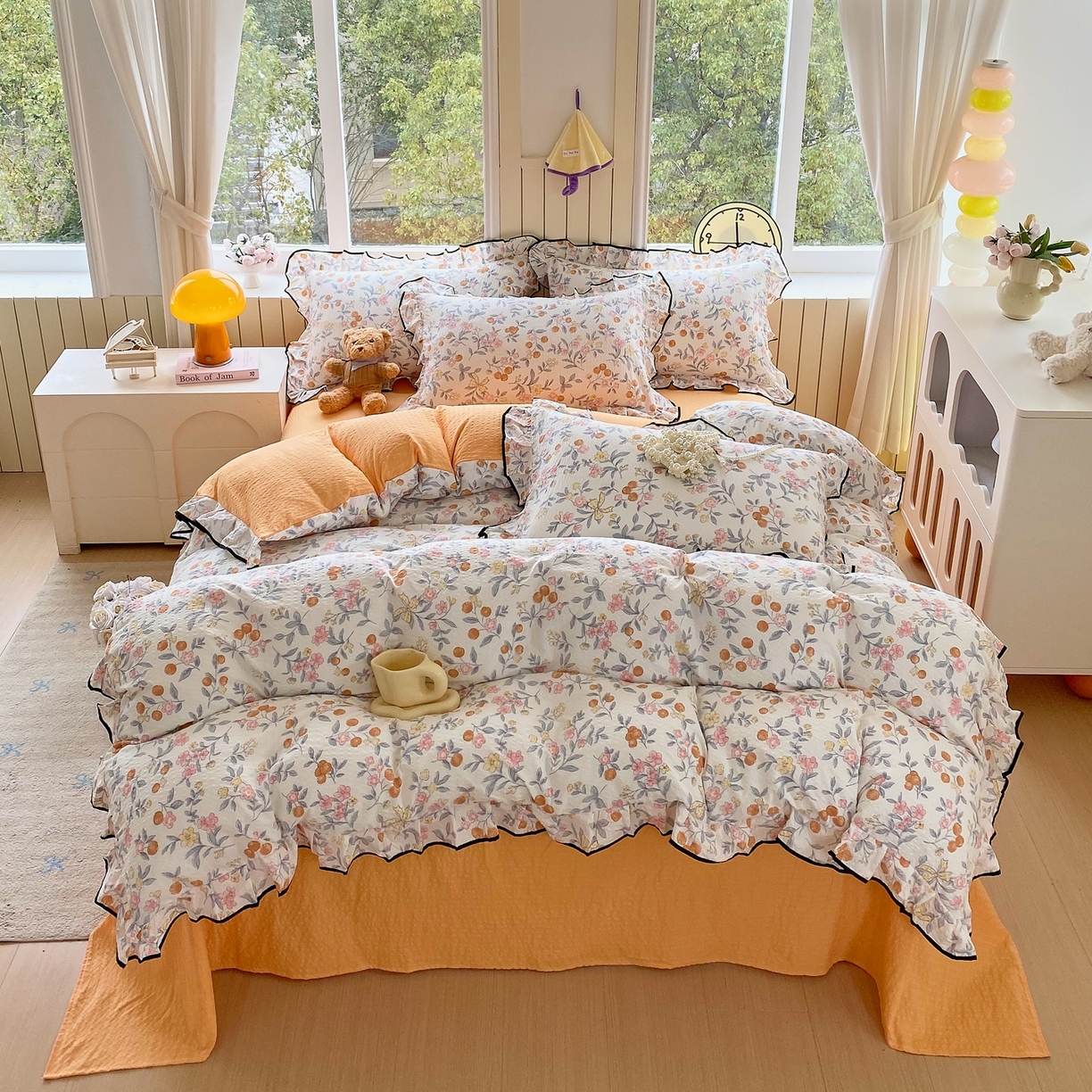 91家纺网 家纺一手货源 找家纺 爱橙家纺（原艾橙家纺） 2026春夏新款韩式花边110g超柔泡芙纱四件套 石榴花开