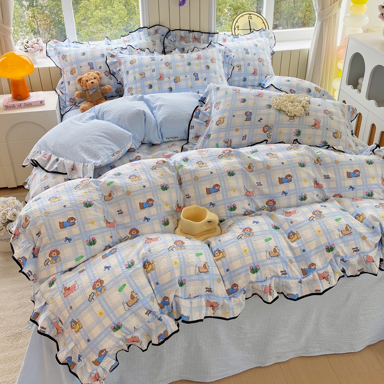 91家纺网 家纺一手货源 找家纺 爱橙家纺（原艾橙家纺） 2026春夏新款韩式花边110g超柔泡芙纱四件套 汪旺记