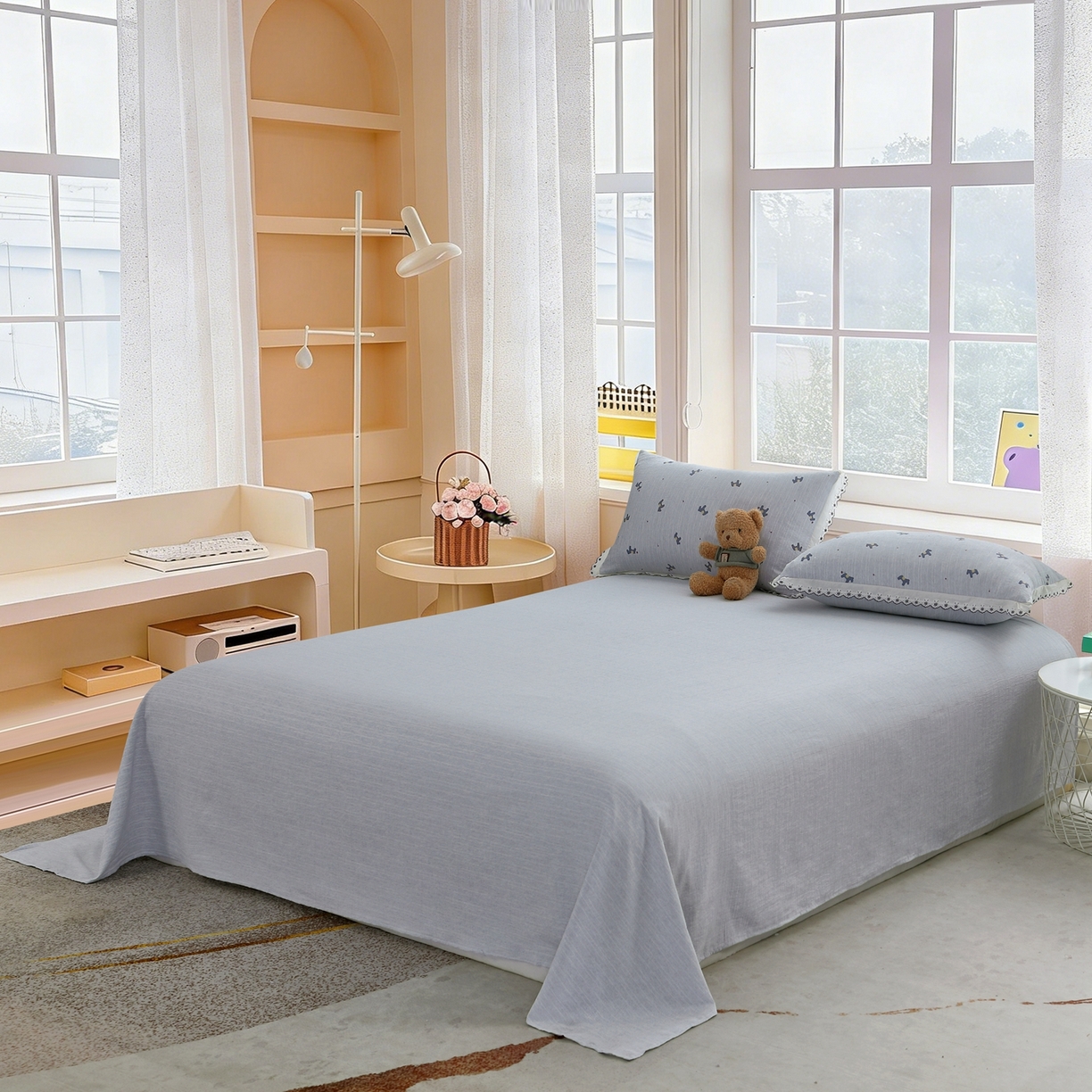 91家纺网 家纺一手货源 找家纺 恋之语 2026新款全棉花边色织水洗棉花边四件套 浅蓝汪汪