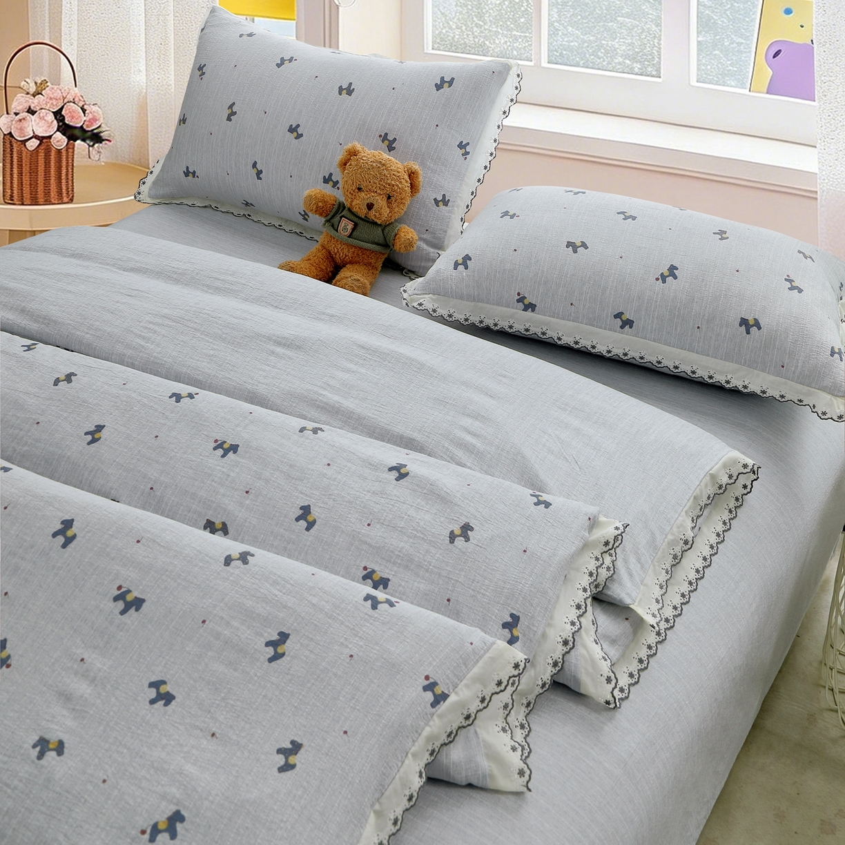 91家纺网 家纺一手货源 找家纺 恋之语 2026新款全棉花边色织水洗棉花边四件套 浅蓝汪汪