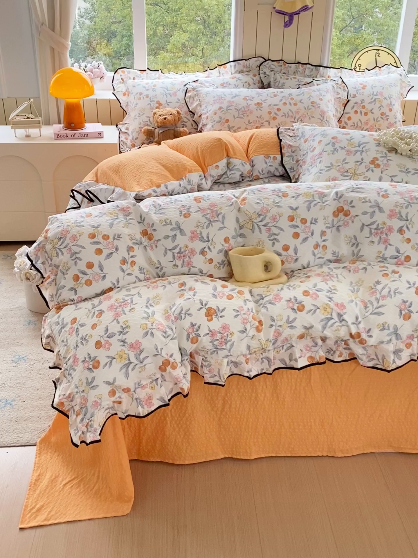 91家纺网 家纺一手货源 找家纺 爱橙家纺（原艾橙家纺） 2026春夏新款韩式花边110g超柔泡芙纱四件套 石榴花开