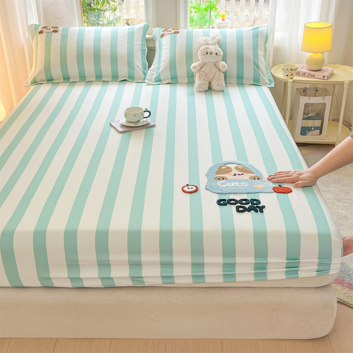 91家纺网 家纺一手货源 找家纺 笙意家纺 2026新款50S全棉纯棉毛巾绣单品床笠床笠单件 海盐萌宠