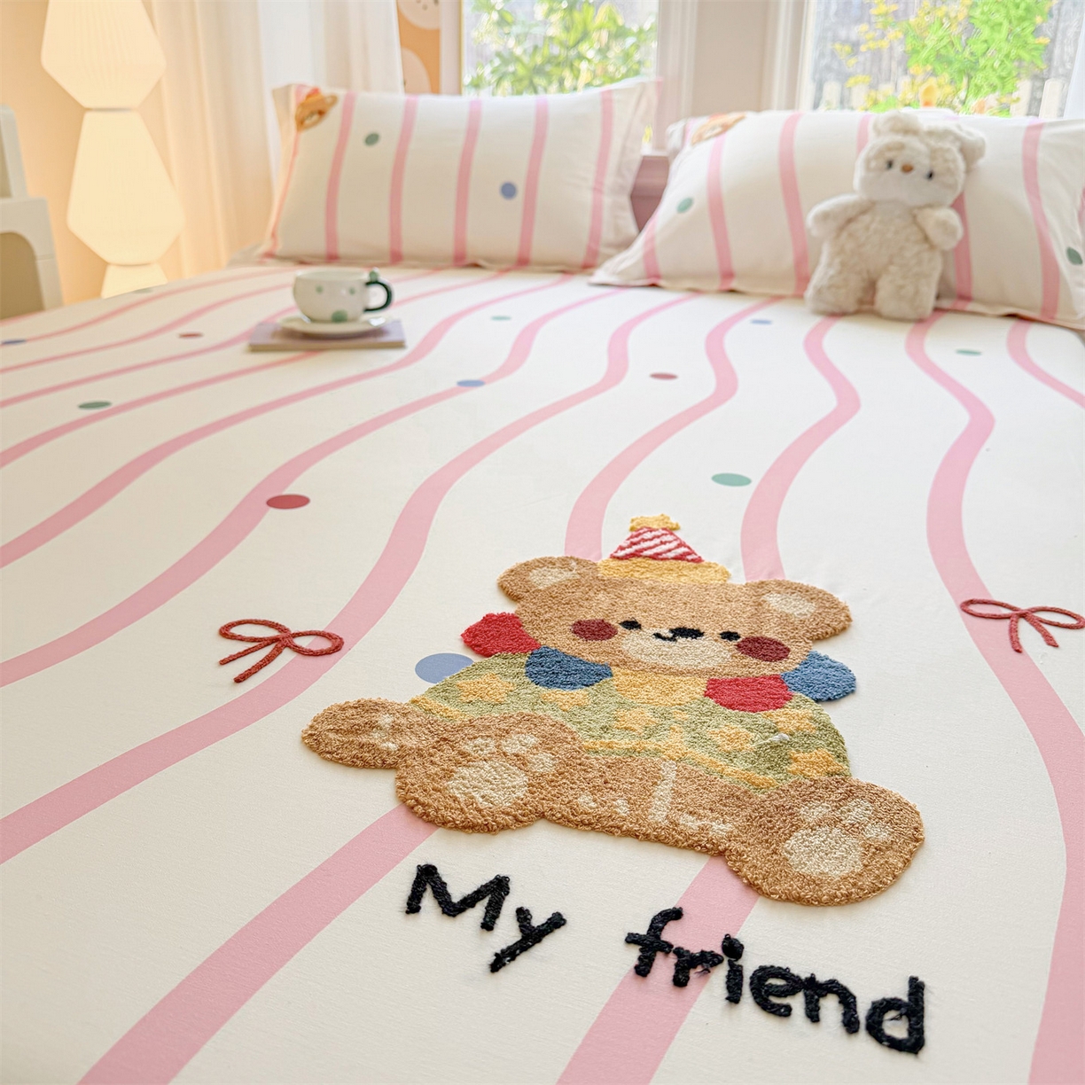 91家纺网 家纺一手货源 找家纺 笙意家纺 2026新款50S全棉纯棉毛巾绣单品床笠床笠单件 派对小熊