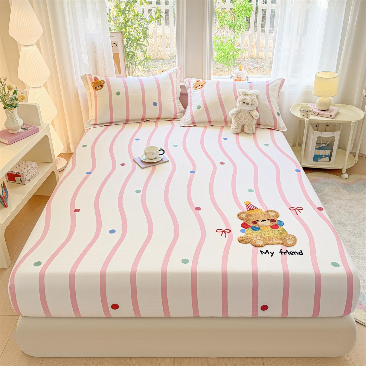 91家纺网 家纺一手货源 找家纺 笙意家纺 2026新款50S全棉纯棉毛巾绣单品床笠床笠单件 派对小熊