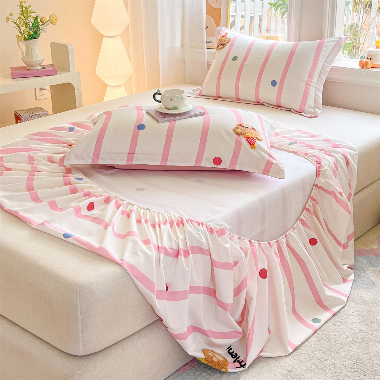 91家纺网 家纺一手货源 找家纺 笙意家纺 2026新款50S全棉纯棉毛巾绣单品床笠床笠单件 派对小熊