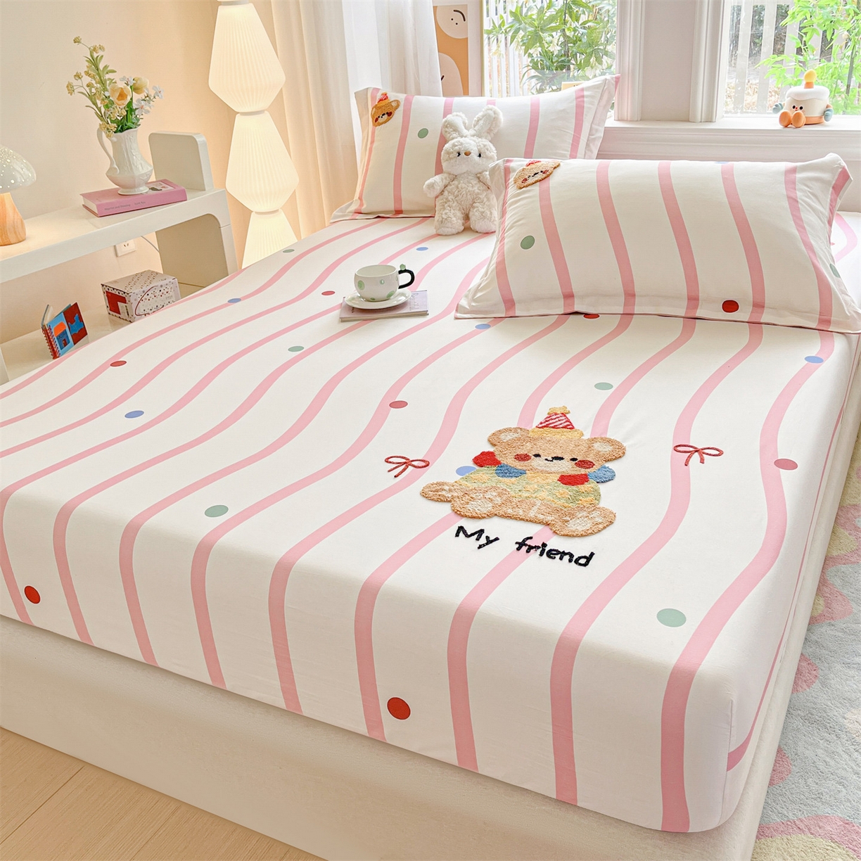 91家纺网 家纺一手货源 找家纺 笙意家纺 2026新款50S全棉纯棉毛巾绣单品床笠床笠单件 派对小熊