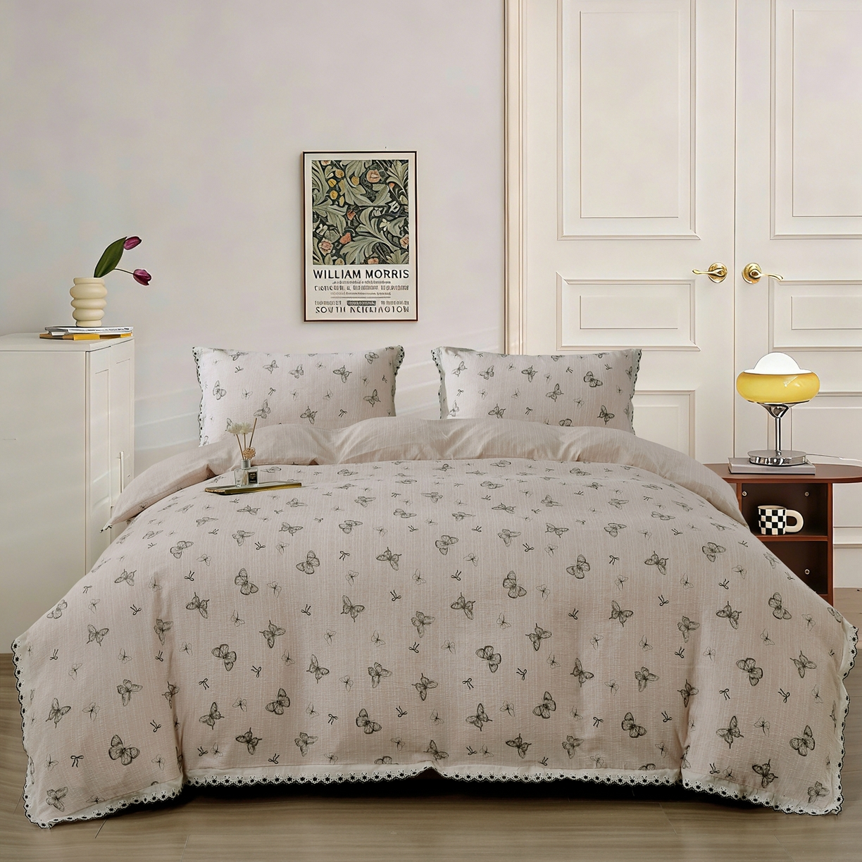 恋之语 2026新款全棉花边色织水洗棉花边四件套 浅棕蝶舞