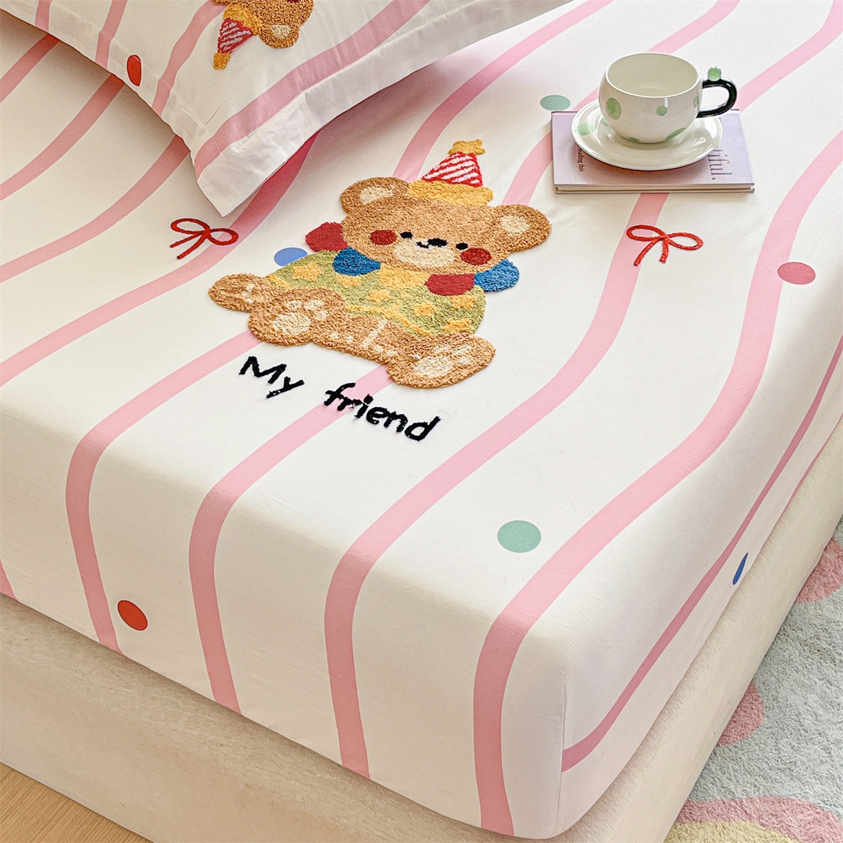 91家纺网 家纺一手货源 找家纺 笙意家纺 2026新款50S全棉纯棉毛巾绣单品床笠床笠单件 派对小熊