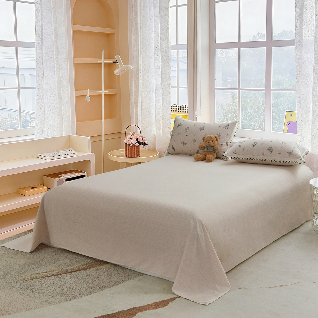 91家纺网 家纺一手货源 找家纺 恋之语 2026新款全棉花边色织水洗棉花边四件套 浅棕蝶舞