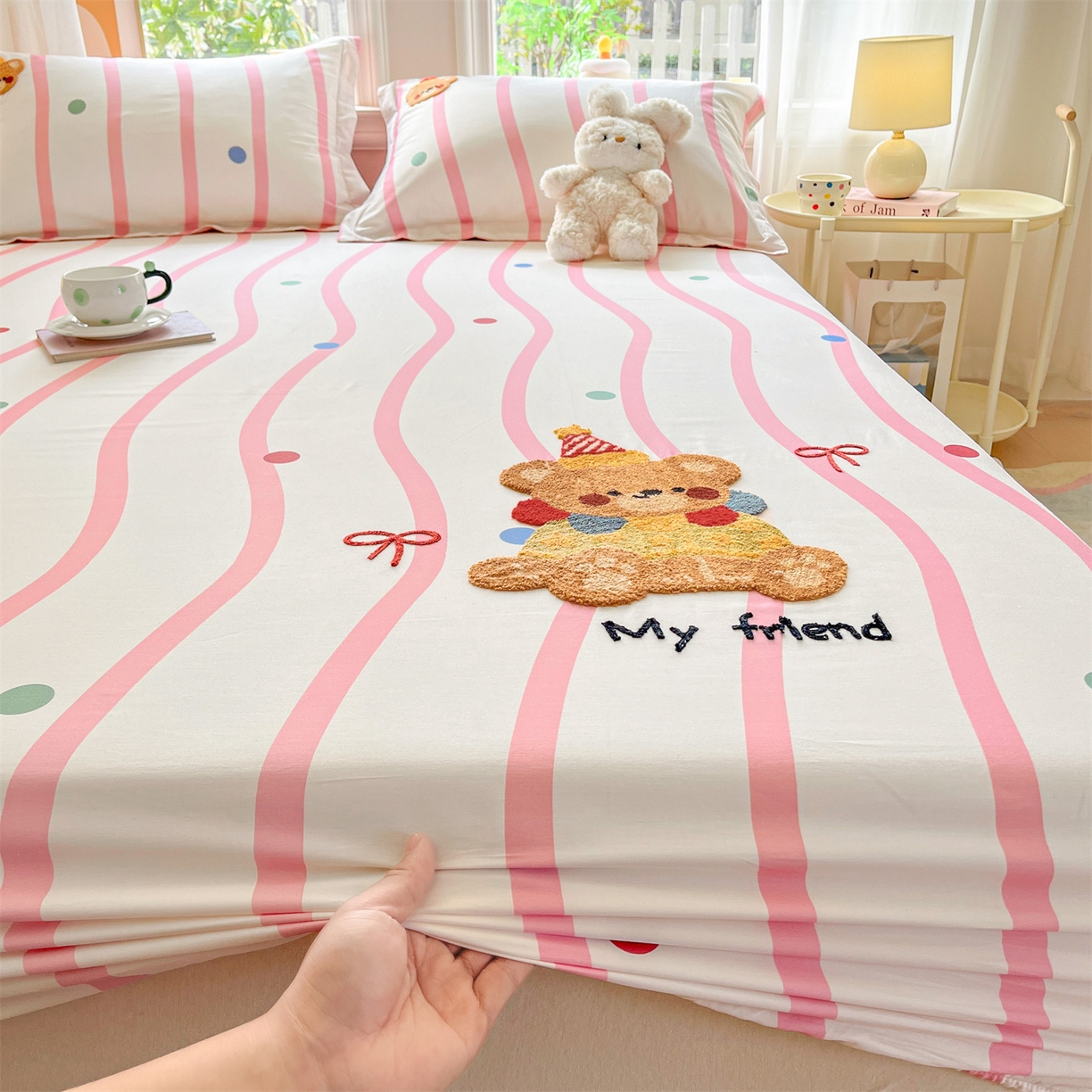 91家纺网 家纺一手货源 找家纺 笙意家纺 2026新款50S全棉纯棉毛巾绣单品床笠床笠单件 派对小熊