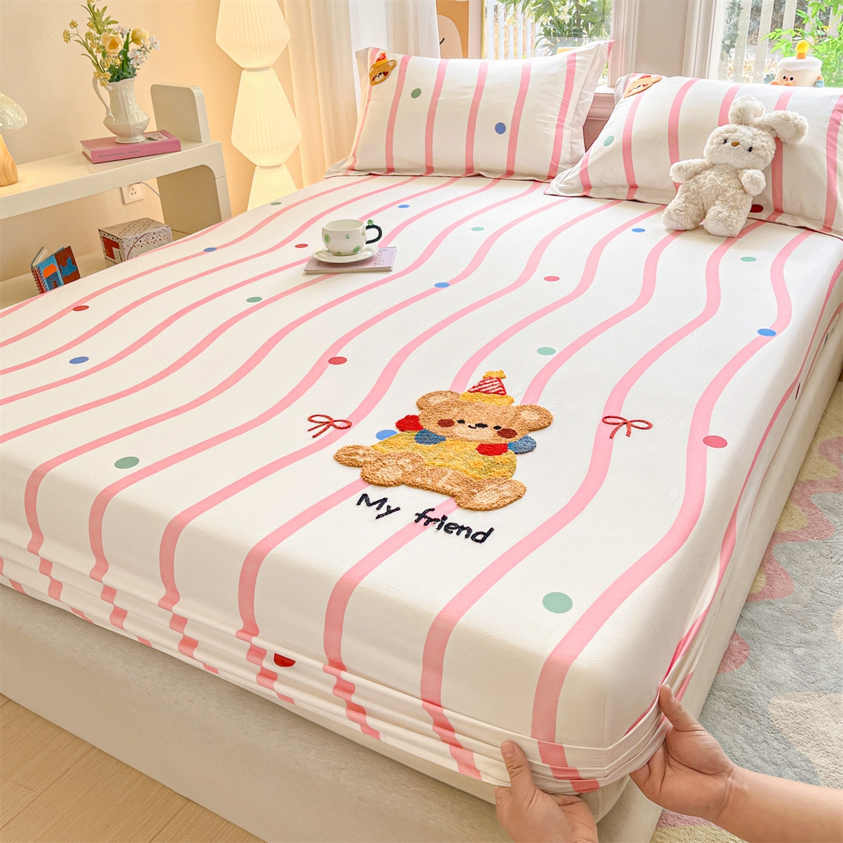 91家纺网 家纺一手货源 找家纺 笙意家纺 2026新款50S全棉纯棉毛巾绣单品床笠床笠单件 派对小熊