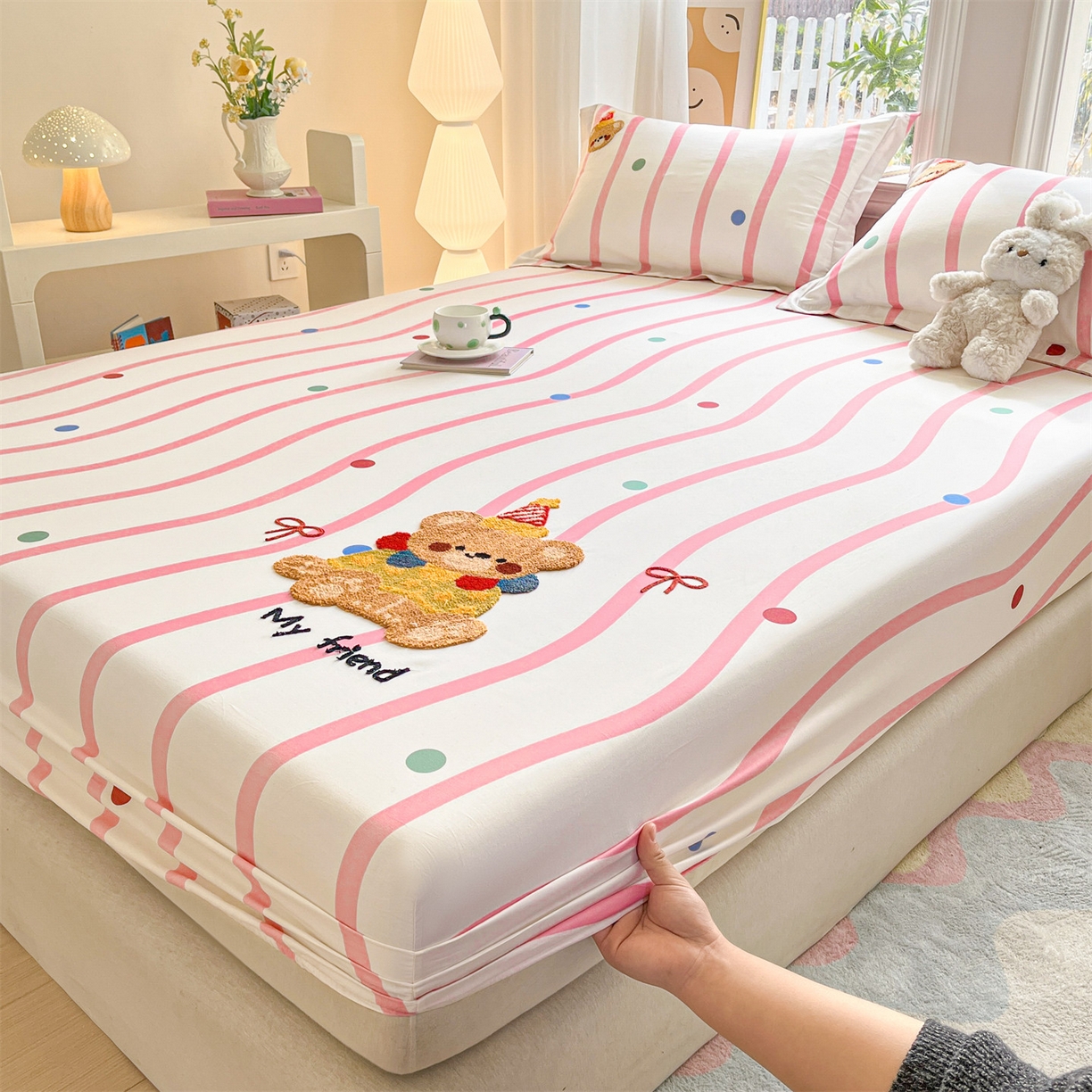 91家纺网 家纺一手货源 找家纺 笙意家纺 2026新款50S全棉纯棉毛巾绣单品床笠床笠单件 派对小熊