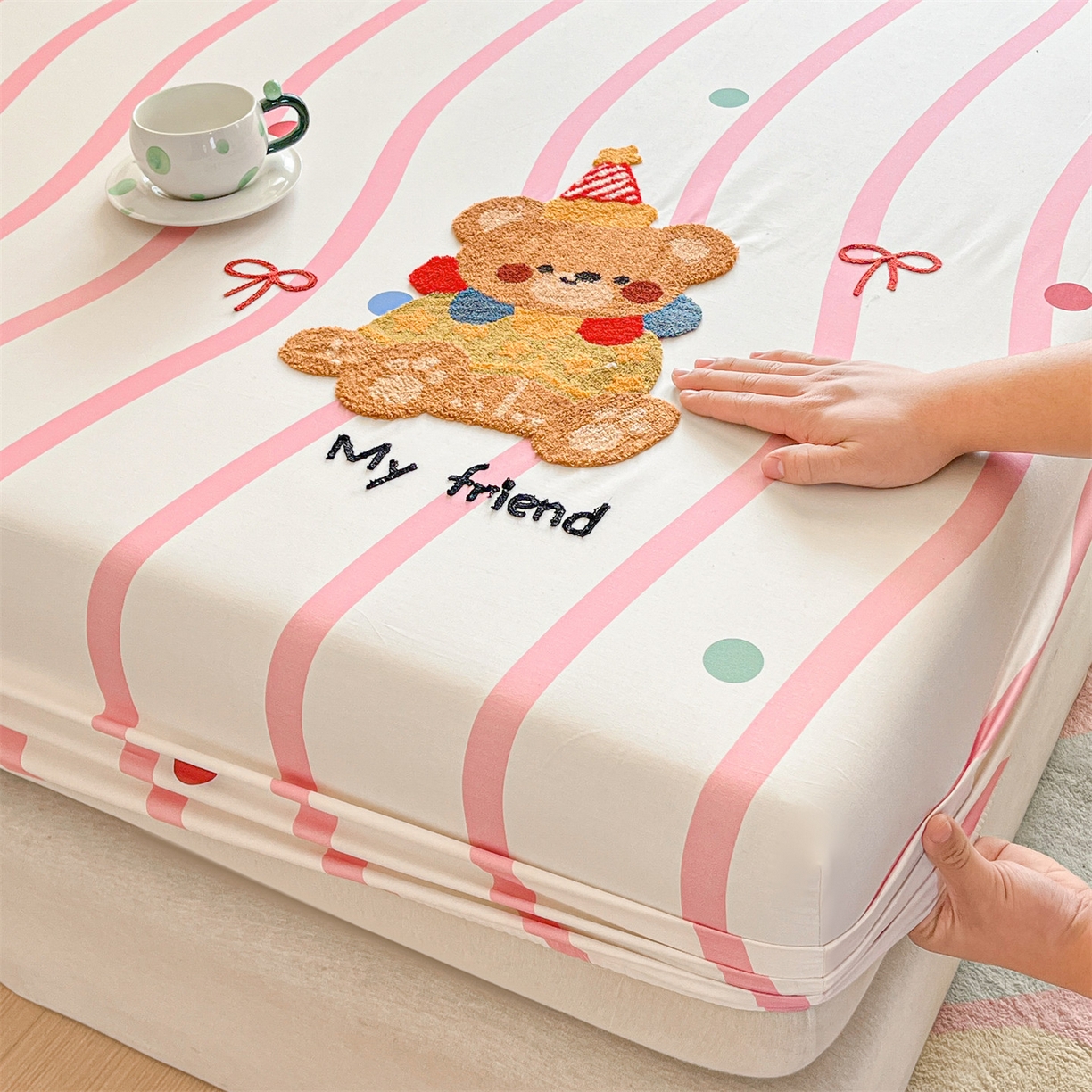 91家纺网 家纺一手货源 找家纺 笙意家纺 2026新款50S全棉纯棉毛巾绣单品床笠床笠单件 派对小熊