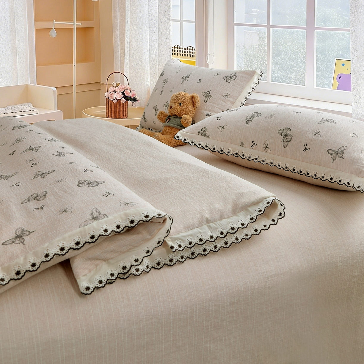 91家纺网 家纺一手货源 找家纺 恋之语 2026新款全棉花边色织水洗棉花边四件套 浅棕蝶舞