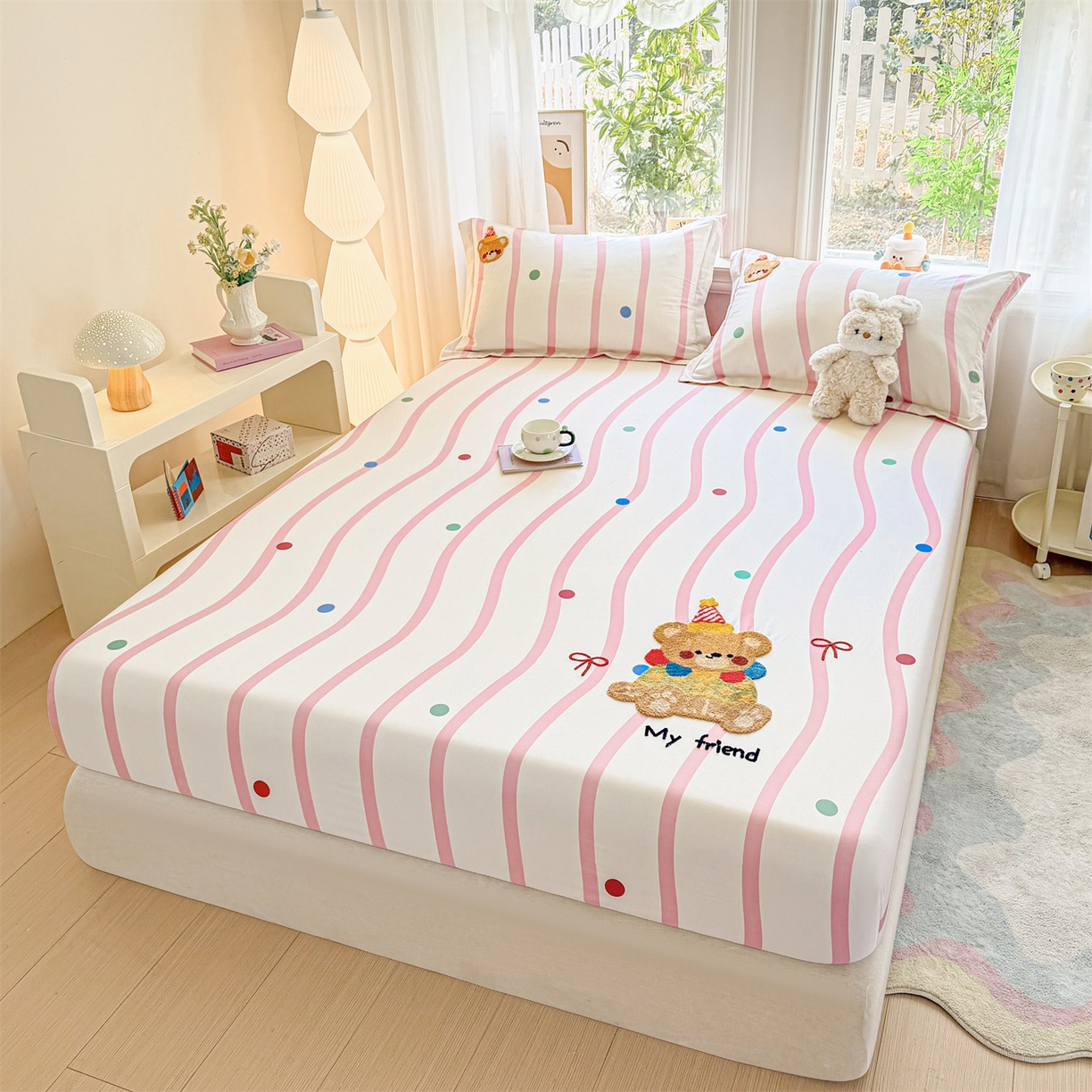 91家纺网 家纺一手货源 找家纺 笙意家纺 2026新款50S全棉纯棉毛巾绣单品床笠床笠单件 派对小熊