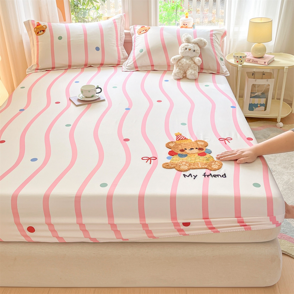 91家纺网 家纺一手货源 找家纺 笙意家纺 2026新款50S全棉纯棉毛巾绣单品床笠床笠单件 派对小熊