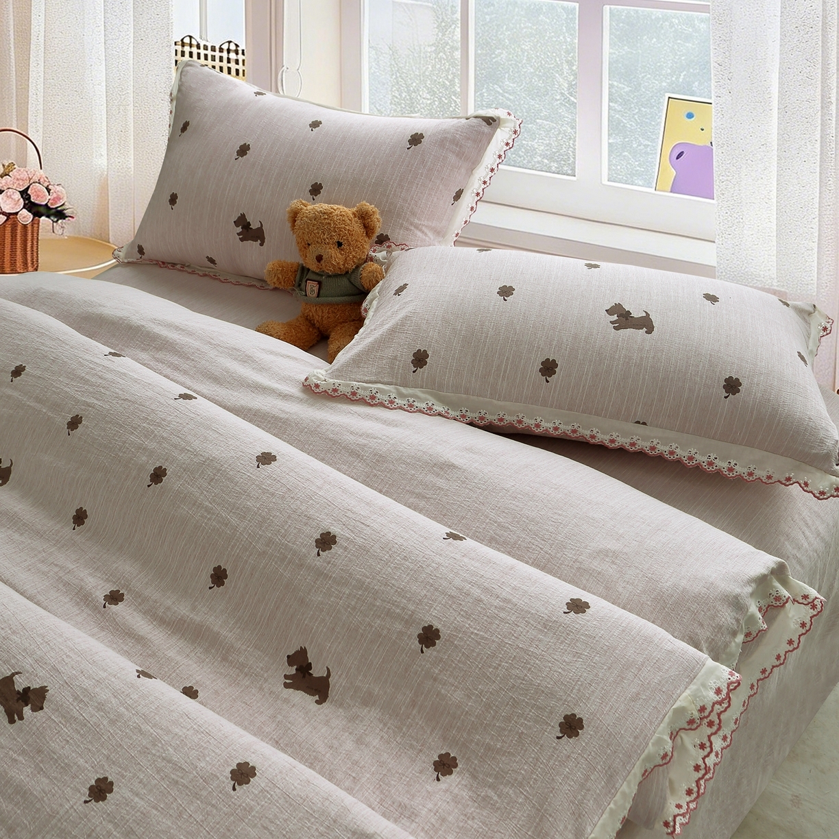 91家纺网 家纺一手货源 找家纺 恋之语 2026新款全棉花边色织水洗棉花边四件套 浅棕奶汪