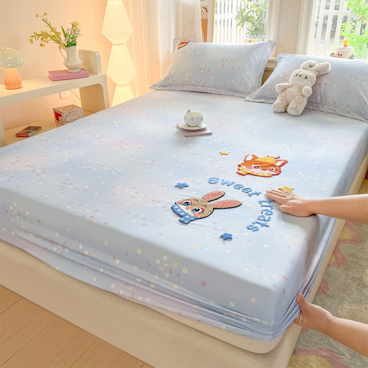 笙意家纺 2026新款50S全棉纯棉毛巾绣单品床笠床笠单件 星甜狐兔