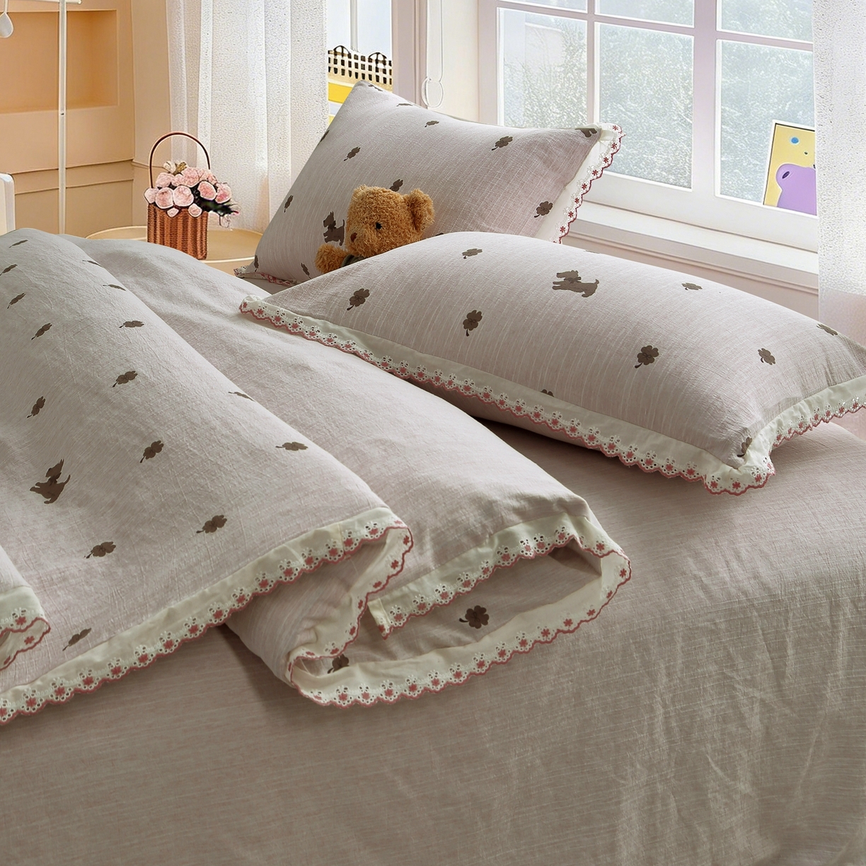 91家纺网 家纺一手货源 找家纺 恋之语 2026新款全棉花边色织水洗棉花边四件套 浅棕奶汪