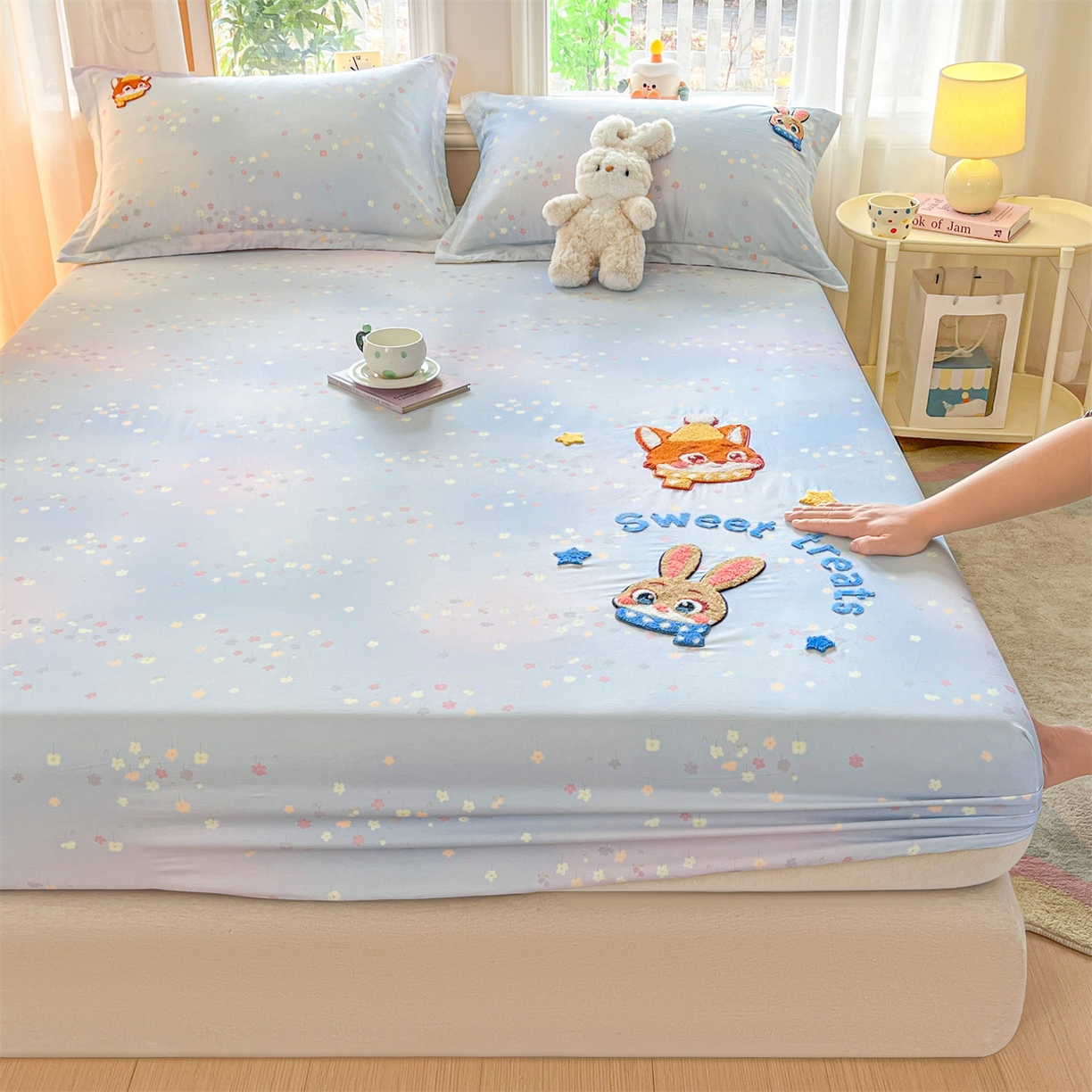 91家纺网 家纺一手货源 找家纺 笙意家纺 2026新款50S全棉纯棉毛巾绣单品床笠床笠单件 星甜狐兔