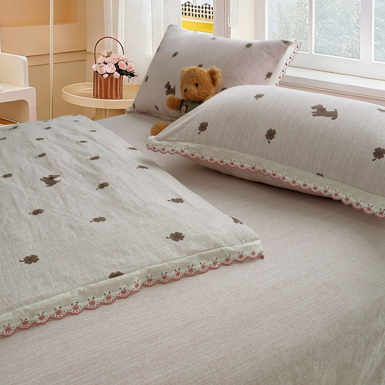 91家纺网 家纺一手货源 找家纺 恋之语 2026新款全棉花边色织水洗棉花边四件套 浅棕奶汪