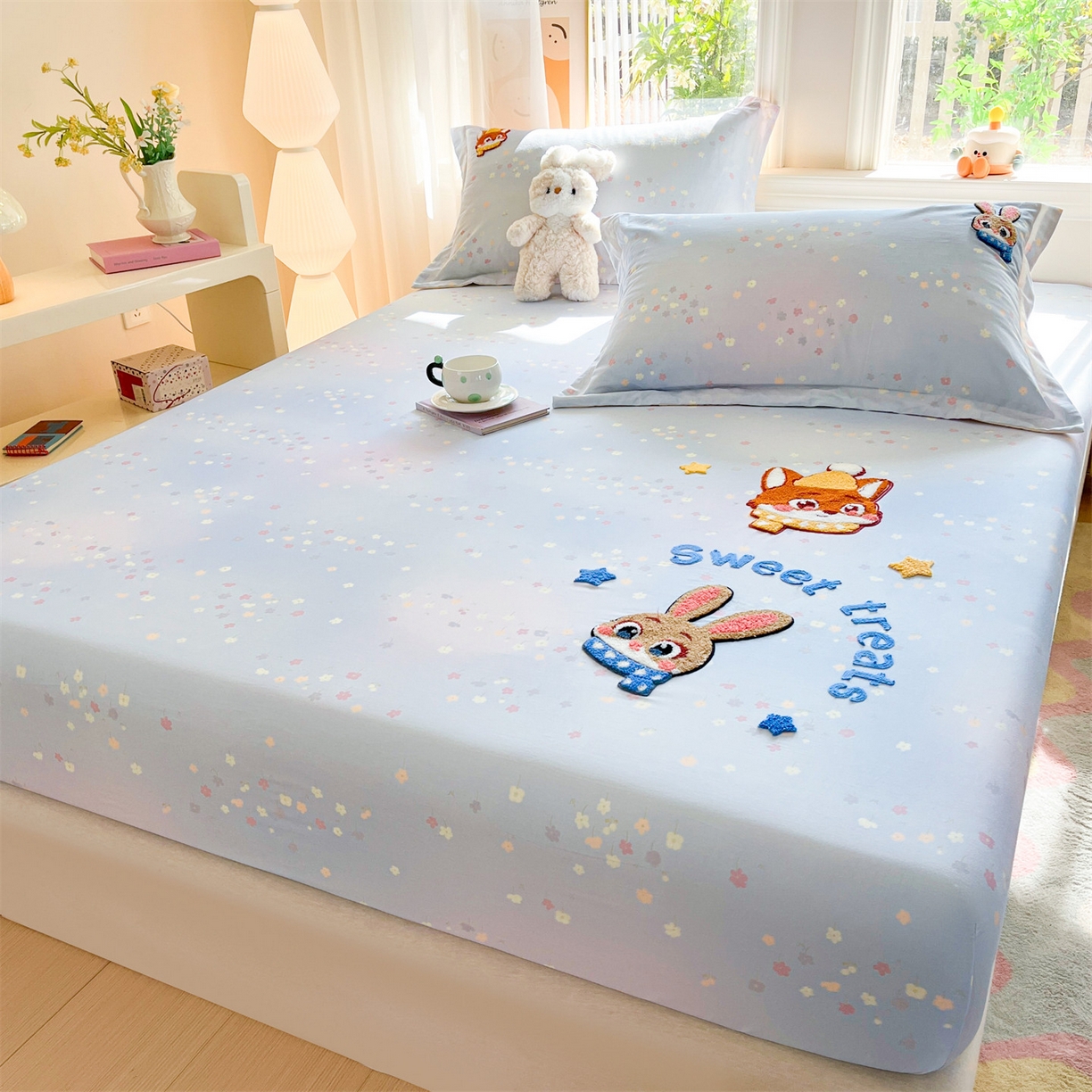 91家纺网 家纺一手货源 找家纺 笙意家纺 2026新款50S全棉纯棉毛巾绣单品床笠床笠单件 星甜狐兔