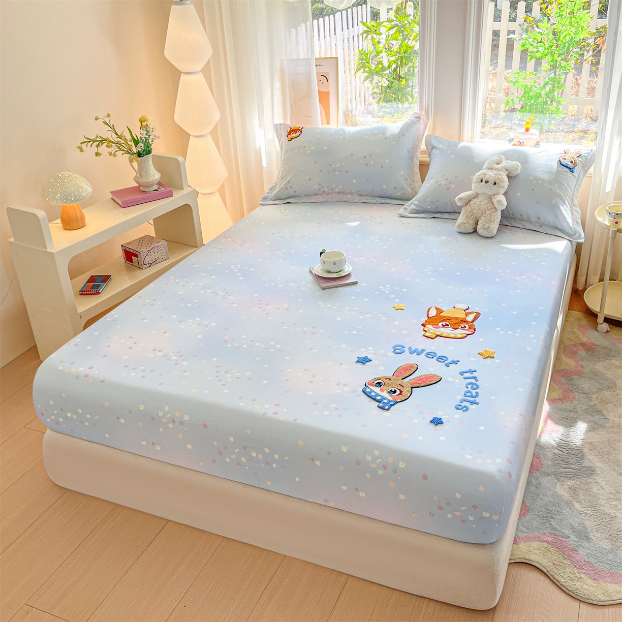 91家纺网 家纺一手货源 找家纺 笙意家纺 2026新款50S全棉纯棉毛巾绣单品床笠床笠单件 星甜狐兔