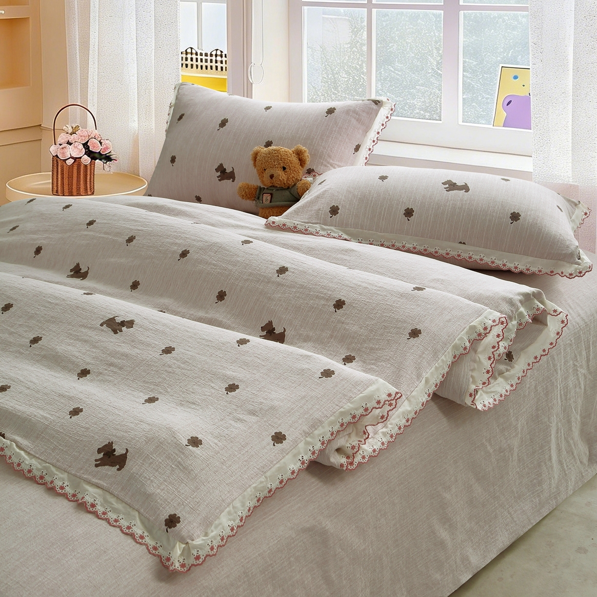 91家纺网 家纺一手货源 找家纺 恋之语 2026新款全棉花边色织水洗棉花边四件套 浅棕奶汪