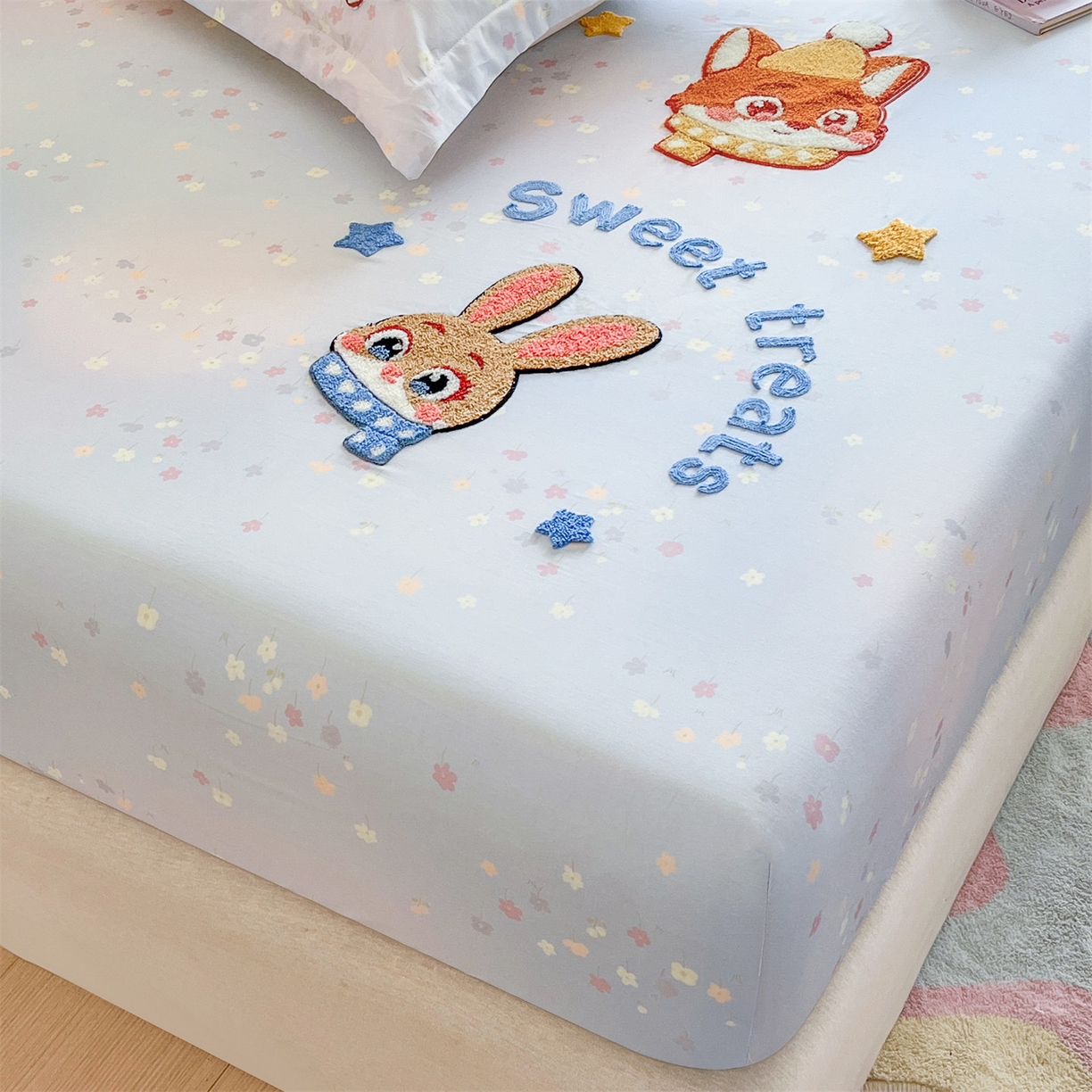 91家纺网 家纺一手货源 找家纺 笙意家纺 2026新款50S全棉纯棉毛巾绣单品床笠床笠单件 星甜狐兔