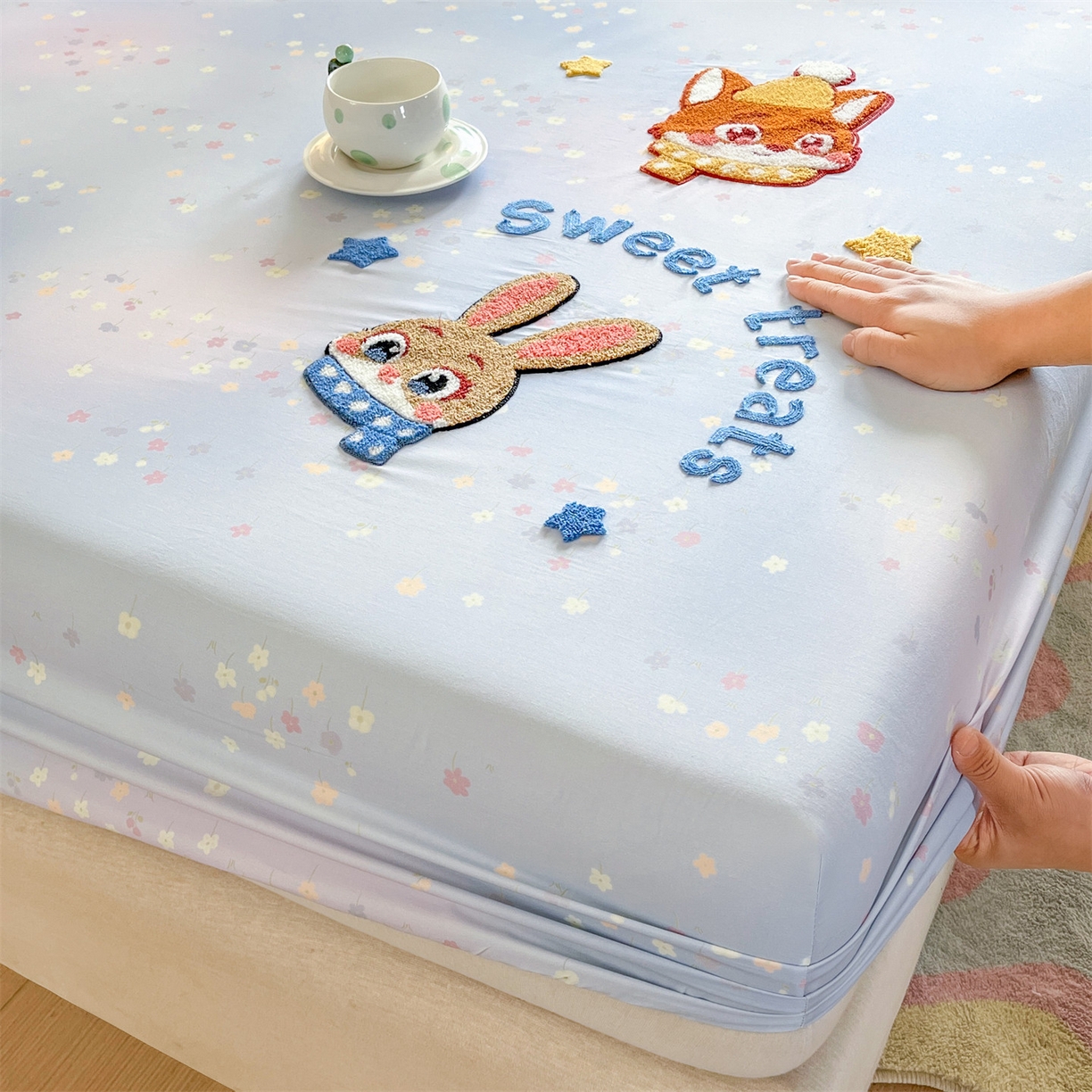 91家纺网 家纺一手货源 找家纺 笙意家纺 2026新款50S全棉纯棉毛巾绣单品床笠床笠单件 星甜狐兔